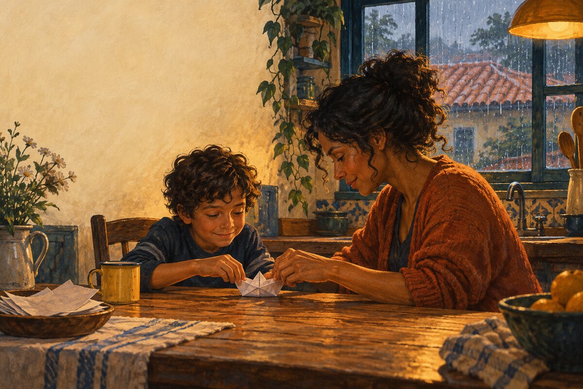 Ilustração de mãe e filho dobrando um barco de papel numa cozinha em dia de chuva